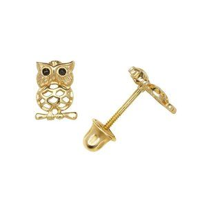 14K Solid Gold Adorable 4x7mm Owl Minimal Studs pair of screw back earrings